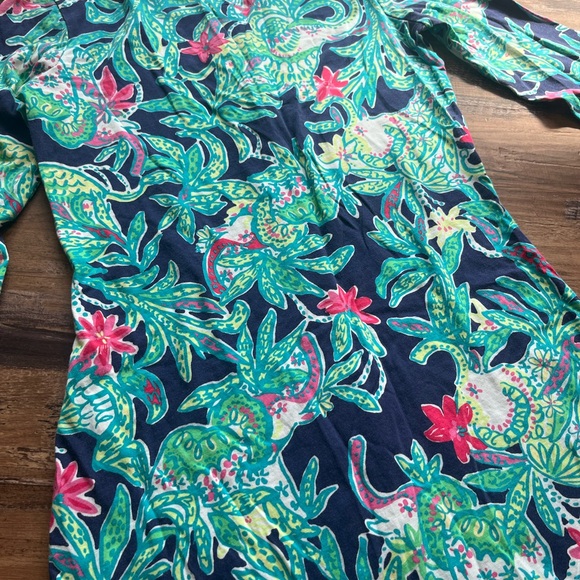 Lilly Pulitzer XXS Blue Green Elephant Plant Print Mini Dress Bodycon 3/4 Sleeve - Picture 2 of 4